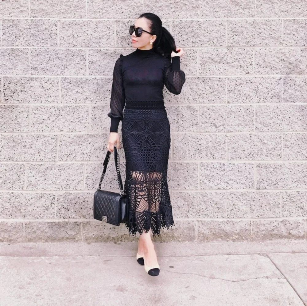 Jonathan Simkhai Black Crochet Midi Skirt with Sheer Hem
